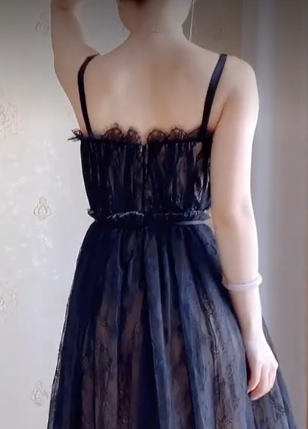 Sexy Spaghetti Straps Black Prom Dress  Lace Tulle A-Line Evening Dress C8199