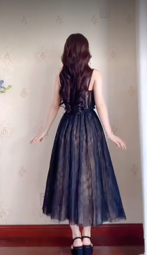 Sexy Spaghetti Straps Black Prom Dress  Lace Tulle A-Line Evening Dress C8199