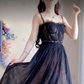 Sexy Spaghetti Straps Black Prom Dress  Lace Tulle A-Line Evening Dress C8199