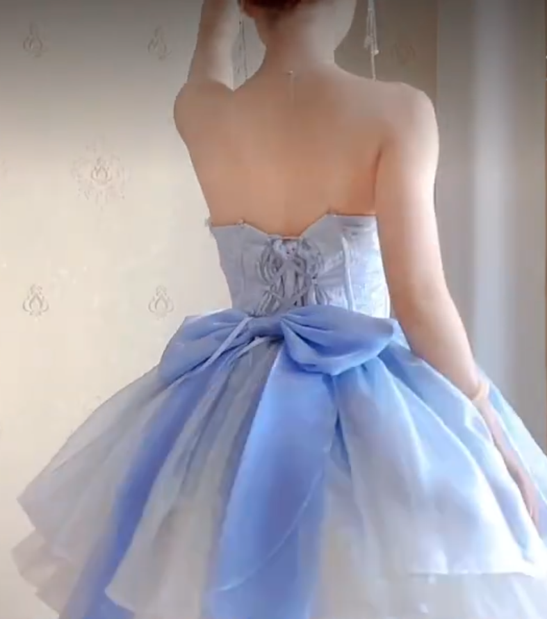 Romantic Strapless Blue Homecoming Dress Lace A-Line Birthday Dress C8202