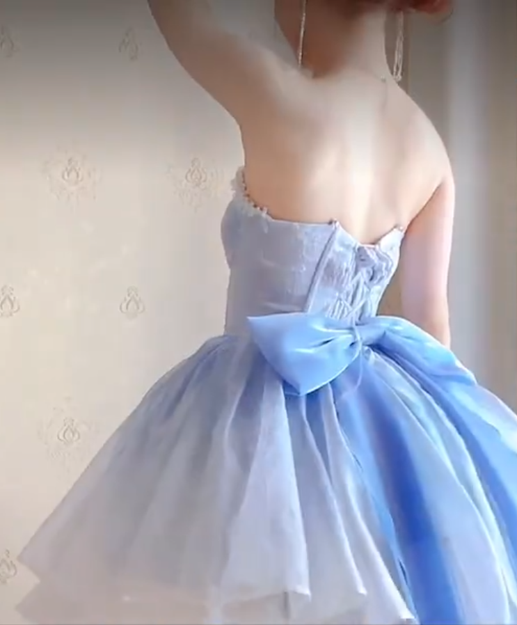 Romantic Strapless Blue Homecoming Dress Lace A-Line Birthday Dress C8202