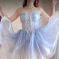 Romantic Strapless Blue Homecoming Dress Lace A-Line Birthday Dress C8202