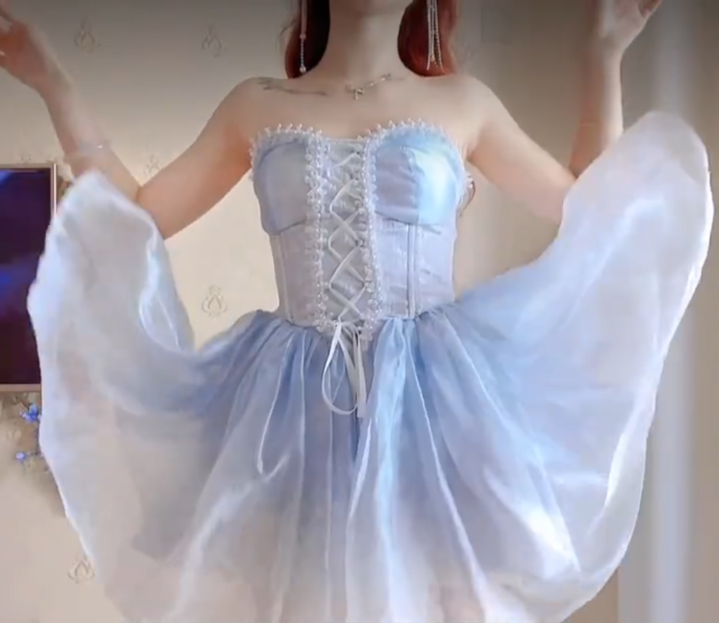 Romantic Strapless Blue Homecoming Dress Lace A-Line Birthday Dress C8202