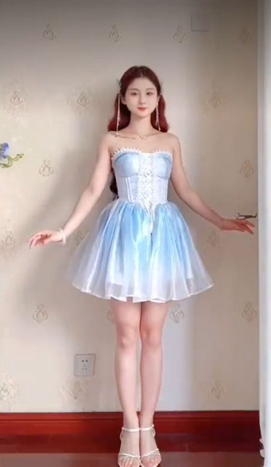 Romantic Strapless Blue Homecoming Dress Lace A-Line Birthday Dress C8202