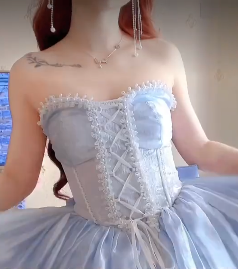 Romantic Strapless Blue Homecoming Dress Lace A-Line Birthday Dress C8202