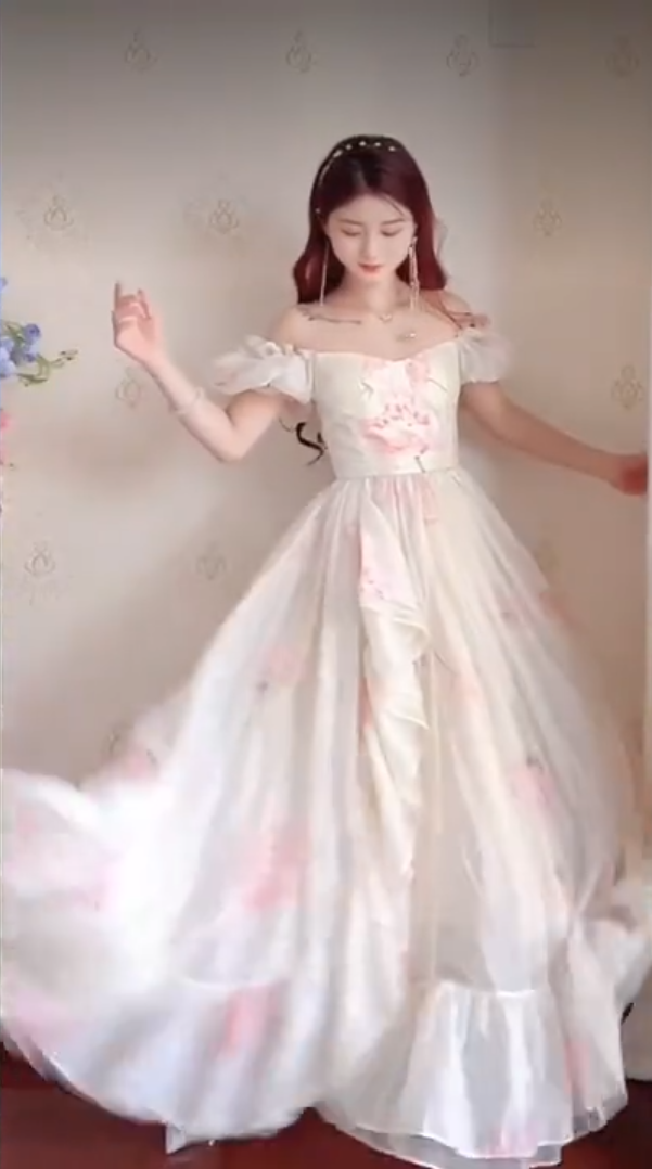 Elegant Off-the-Shoulder Ruffles Prom Dress Floral Chiffon A-Line Evening Dress C8205