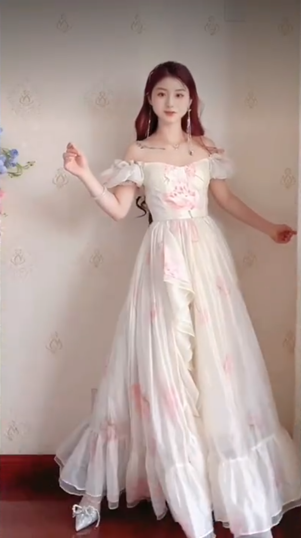 Elegant Off-the-Shoulder Ruffles Prom Dress Floral Chiffon A-Line Evening Dress C8205