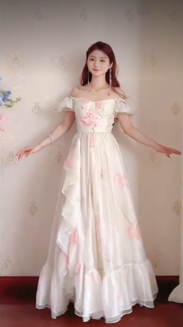 Elegant Off-the-Shoulder Ruffles Prom Dress Floral Chiffon A-Line Evening Dress C8205