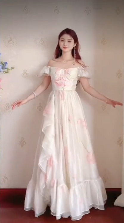 Elegant Off-the-Shoulder Ruffles Prom Dress Floral Chiffon A-Line Evening Dress C8205