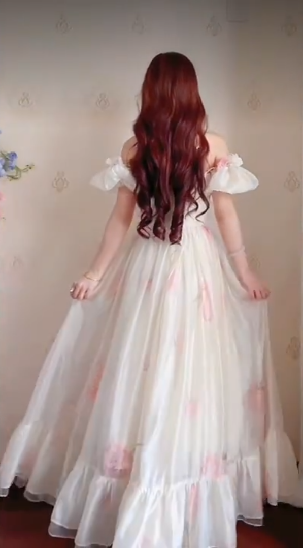 Elegant Off-the-Shoulder Ruffles Prom Dress Floral Chiffon A-Line Evening Dress C8205