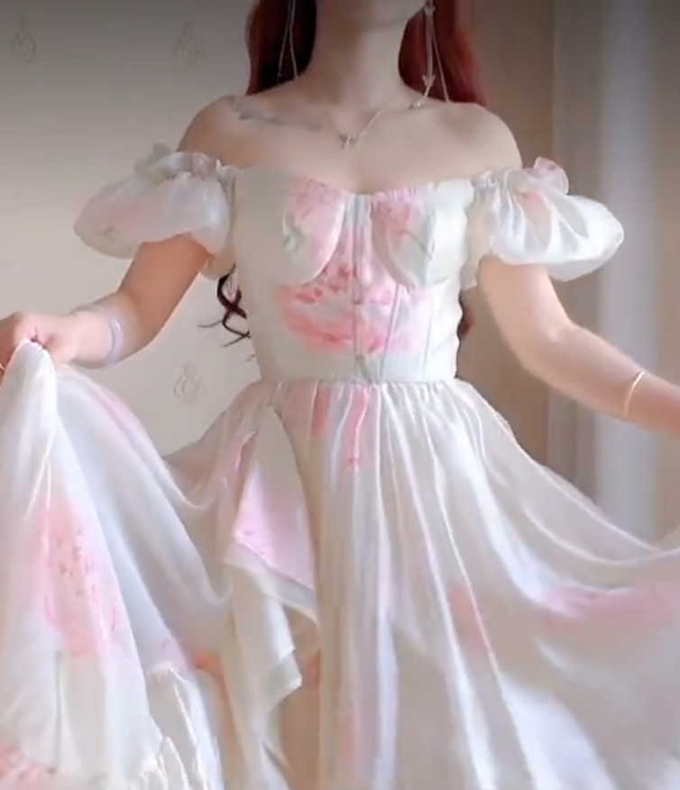 Elegant Off-the-Shoulder Ruffles Prom Dress Floral Chiffon A-Line Evening Dress C8205