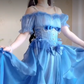 Dreamy Short Sleeve Blue Prom Dress Ruffles Bows A-Line Evening Dress C8210