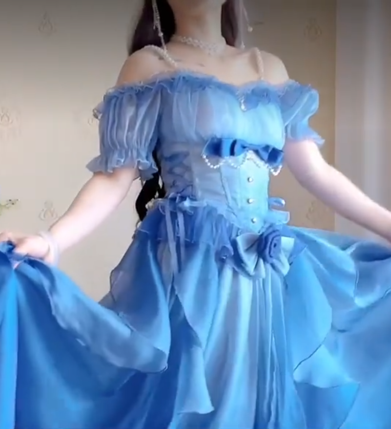 Dreamy Short Sleeve Blue Prom Dress Ruffles Bows A-Line Evening Dress C8210