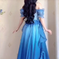 Dreamy Short Sleeve Blue Prom Dress Ruffles Bows A-Line Evening Dress C8210