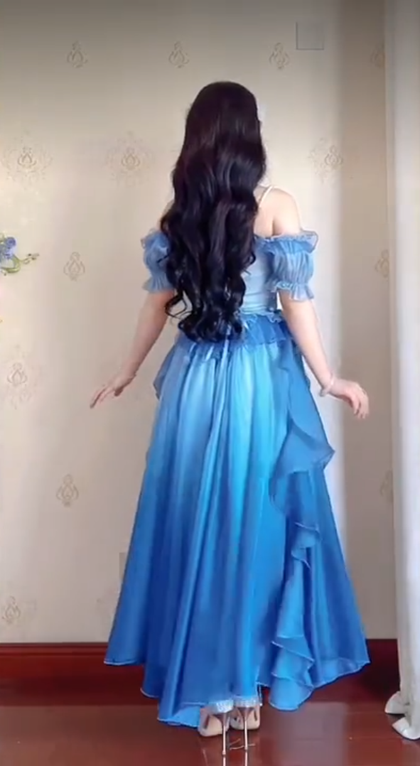 Dreamy Short Sleeve Blue Prom Dress Ruffles Bows A-Line Evening Dress C8210