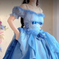 Dreamy Short Sleeve Blue Prom Dress Ruffles Bows A-Line Evening Dress C8210