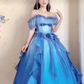 Dreamy Short Sleeve Blue Prom Dress Ruffles Bows A-Line Evening Dress C8210