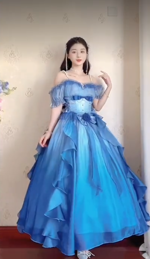 Dreamy Short Sleeve Blue Prom Dress Ruffles Bows A-Line Evening Dress C8210