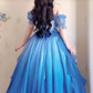 Dreamy Short Sleeve Blue Prom Dress Ruffles Bows A-Line Evening Dress C8210