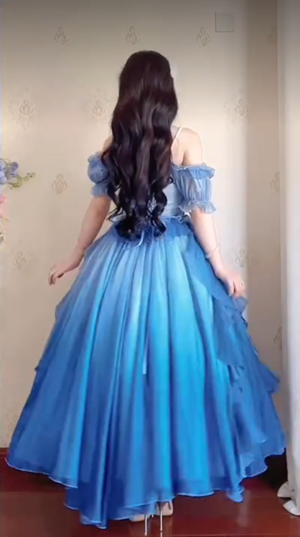 Dreamy Short Sleeve Blue Prom Dress Ruffles Bows A-Line Evening Dress C8210