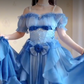 Dreamy Short Sleeve Blue Prom Dress Ruffles Bows A-Line Evening Dress C8210