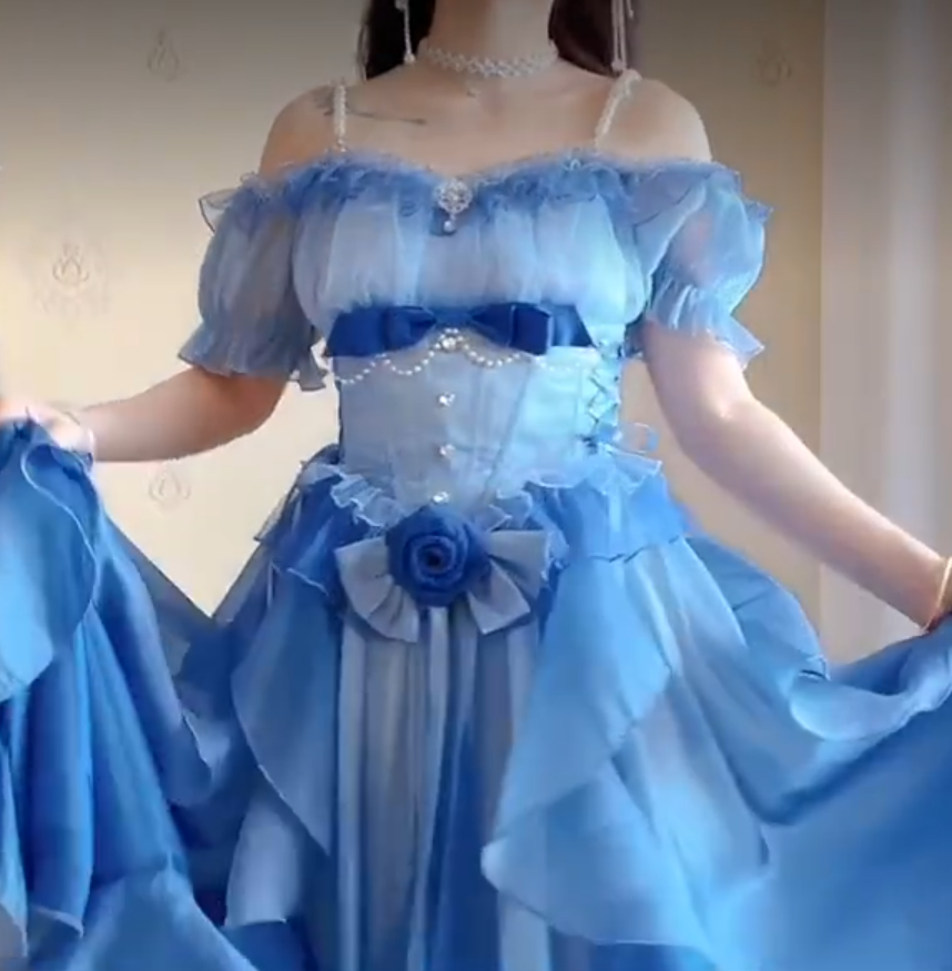 Dreamy Short Sleeve Blue Prom Dress Ruffles Bows A-Line Evening Dress C8210