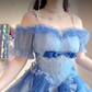 Dreamy Short Sleeve Blue Prom Dress Ruffles Bows A-Line Evening Dress C8210