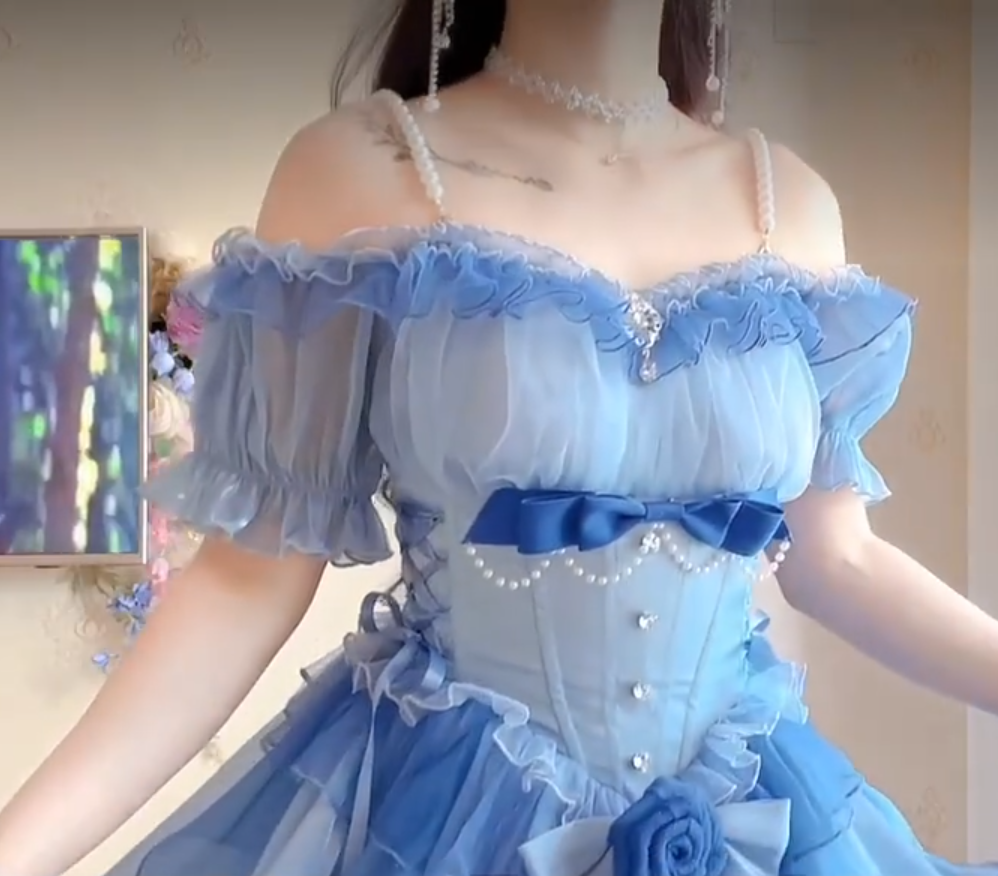 Dreamy Short Sleeve Blue Prom Dress Ruffles Bows A-Line Evening Dress C8210