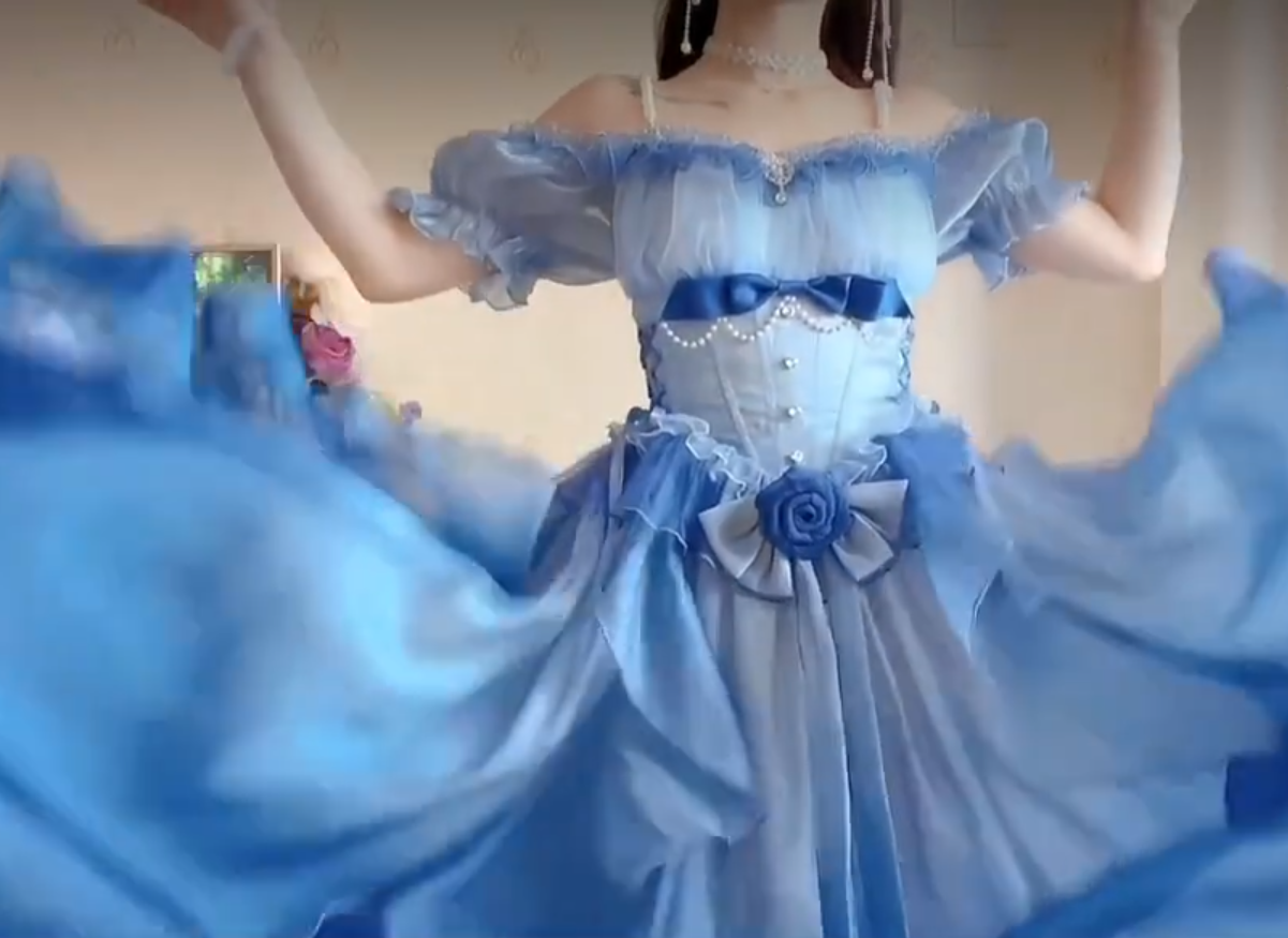Dreamy Short Sleeve Blue Prom Dress Ruffles Bows A-Line Evening Dress C8210