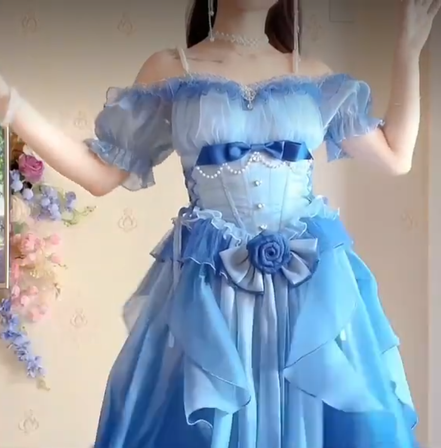 Dreamy Short Sleeve Blue Prom Dress Ruffles Bows A-Line Evening Dress C8210