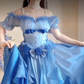 Dreamy Short Sleeve Blue Prom Dress Ruffles Bows A-Line Evening Dress C8210