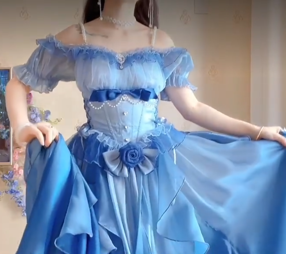 Dreamy Short Sleeve Blue Prom Dress Ruffles Bows A-Line Evening Dress C8210