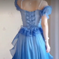 Dreamy Short Sleeve Blue Prom Dress Ruffles Bows A-Line Evening Dress C8210