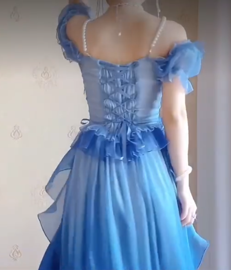 Dreamy Short Sleeve Blue Prom Dress Ruffles Bows A-Line Evening Dress C8210