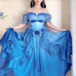 Dreamy Short Sleeve Blue Prom Dress Ruffles Bows A-Line Evening Dress C8210