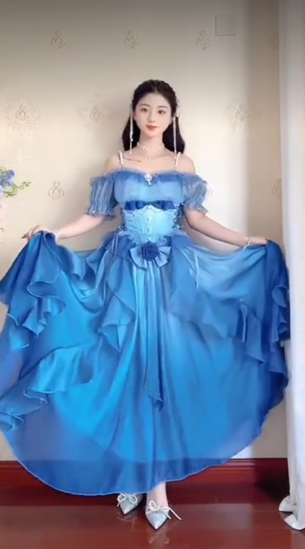 Dreamy Short Sleeve Blue Prom Dress Ruffles Bows A-Line Evening Dress C8210