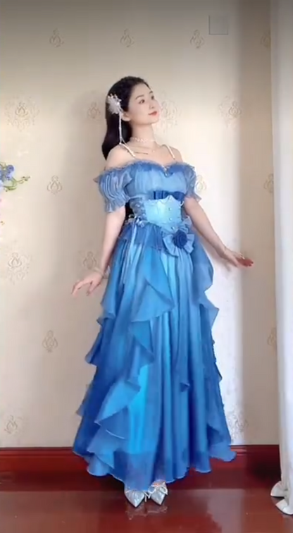 Dreamy Short Sleeve Blue Prom Dress Ruffles Bows A-Line Evening Dress C8210