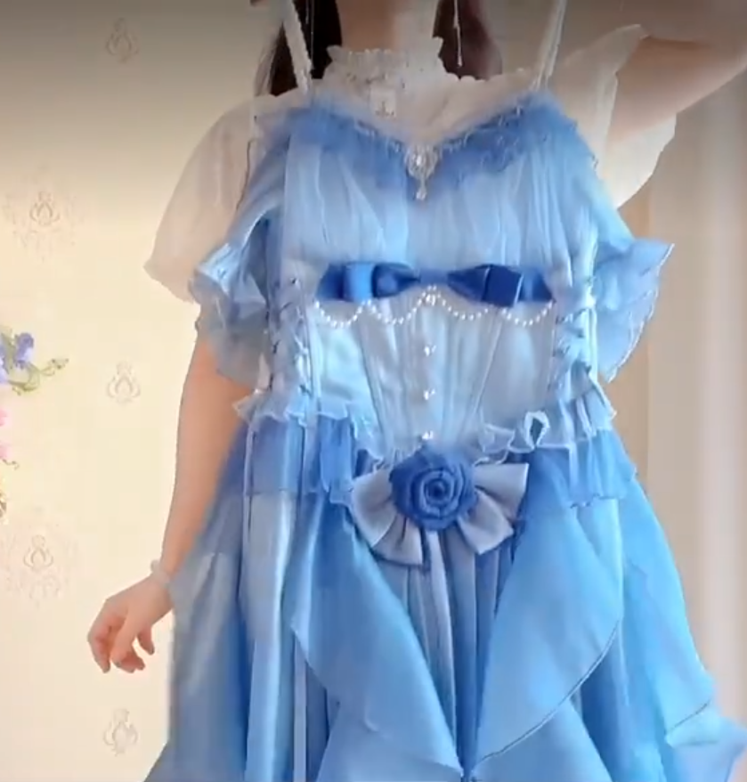 Dreamy Short Sleeve Blue Prom Dress Ruffles Bows A-Line Evening Dress C8210