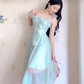 Flowy Spaghetti Straps Mint Green Prom Dress Appliques A-Line Evening Dress C8211