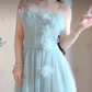 Flowy Spaghetti Straps Mint Green Prom Dress Appliques A-Line Evening Dress C8211