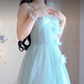 Flowy Spaghetti Straps Mint Green Prom Dress Appliques A-Line Evening Dress C8211