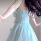 Flowy Spaghetti Straps Mint Green Prom Dress Appliques A-Line Evening Dress C8211