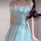 Flowy Spaghetti Straps Mint Green Prom Dress Appliques A-Line Evening Dress C8211