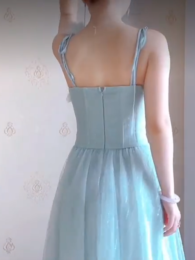 Flowy Spaghetti Straps Mint Green Prom Dress Appliques A-Line Evening Dress C8211