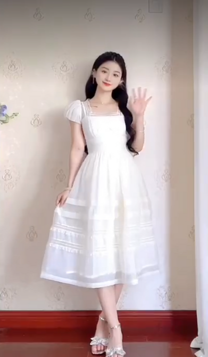 Elegant Short Sleeve White Prom Dress Lace A-Line Evening Dress C8212