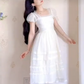 Elegant Short Sleeve White Prom Dress Lace A-Line Evening Dress C8212