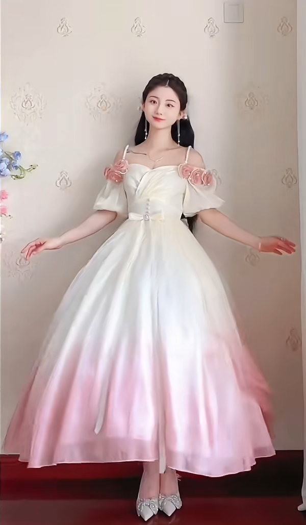 Lovely Ombre Pink Prom Dress Appliques Short Sleeve A-Line Evening Dress C8214