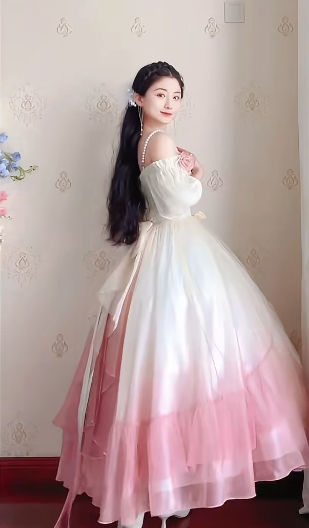 Lovely Ombre Pink Prom Dress Appliques Short Sleeve A-Line Evening Dress C8214