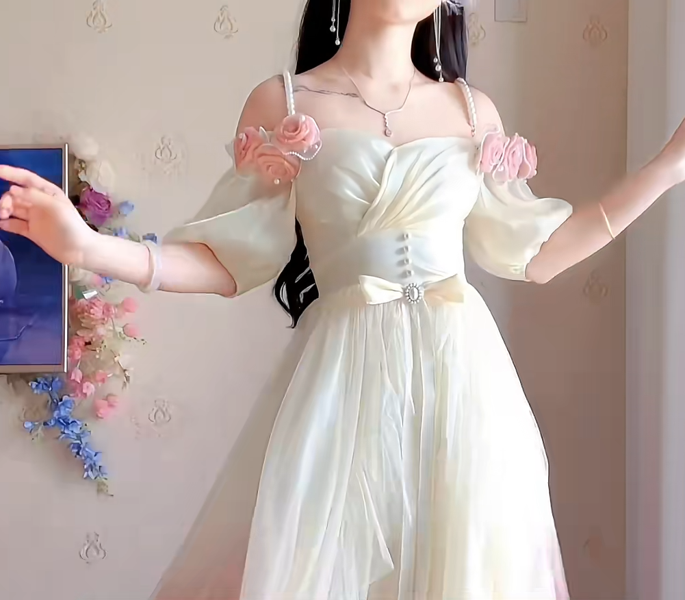 Lovely Ombre Pink Prom Dress Appliques Short Sleeve A-Line Evening Dress C8214