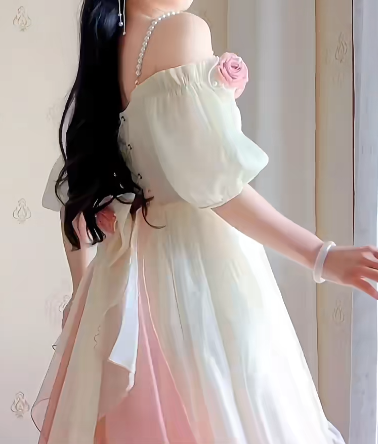 Lovely Ombre Pink Prom Dress Appliques Short Sleeve A-Line Evening Dress C8214